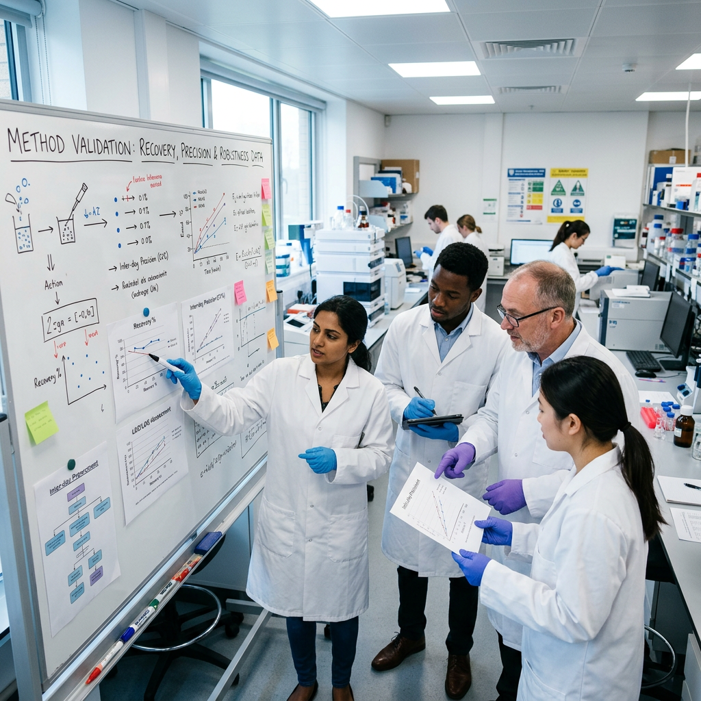 Four scientists in lab coats discussing method validation data on a whiteboard