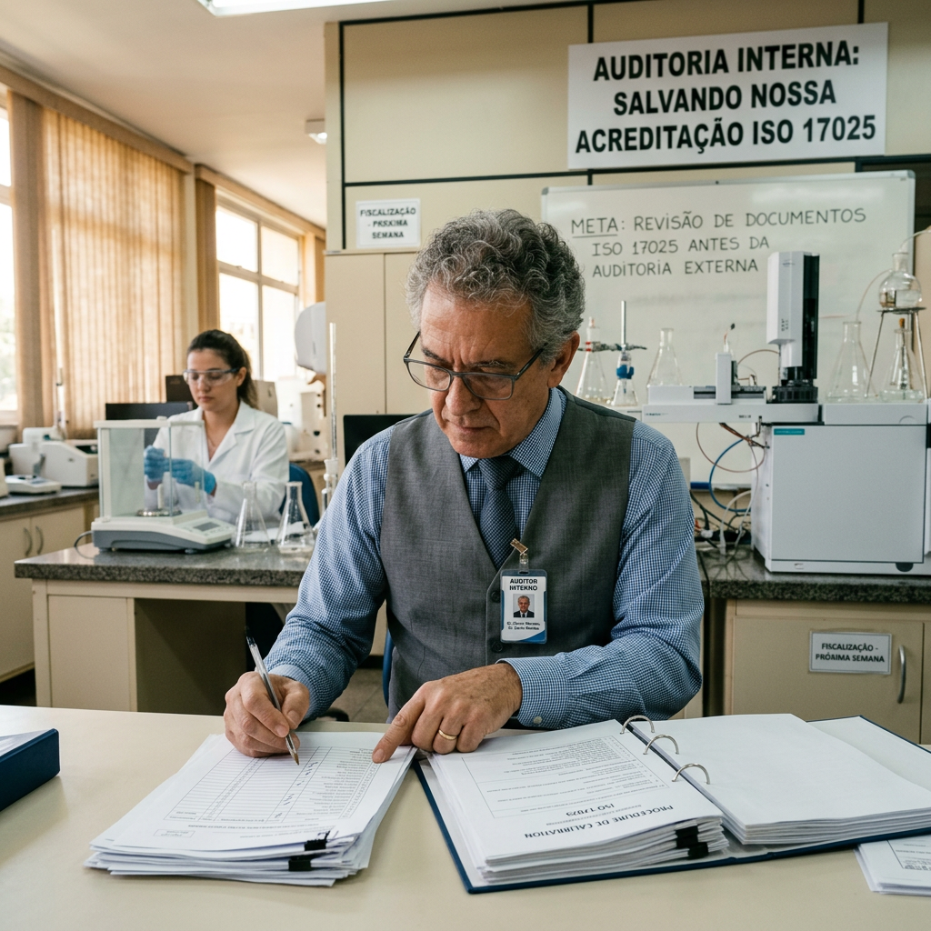 Auditor reviewing documents in a laboratory during ISO 17025 preparation